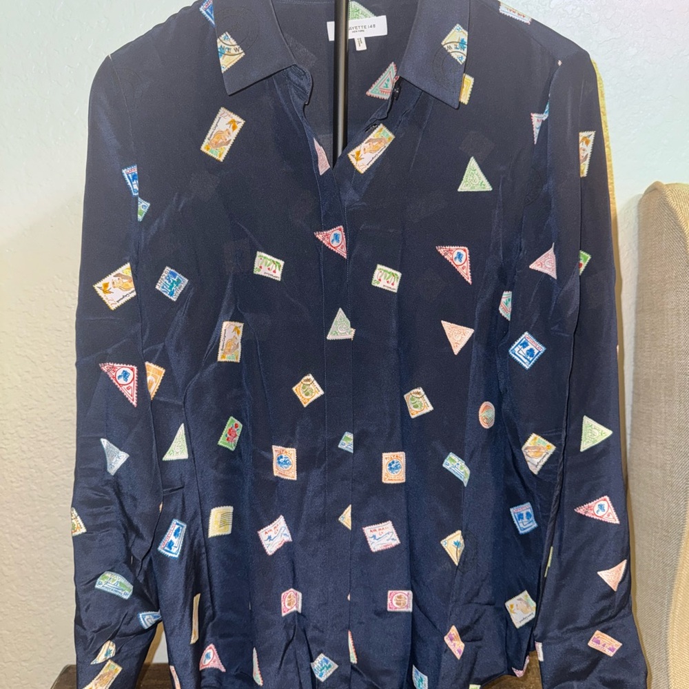 Lafayette 148 New York Navy Blouse with Stamp Motif